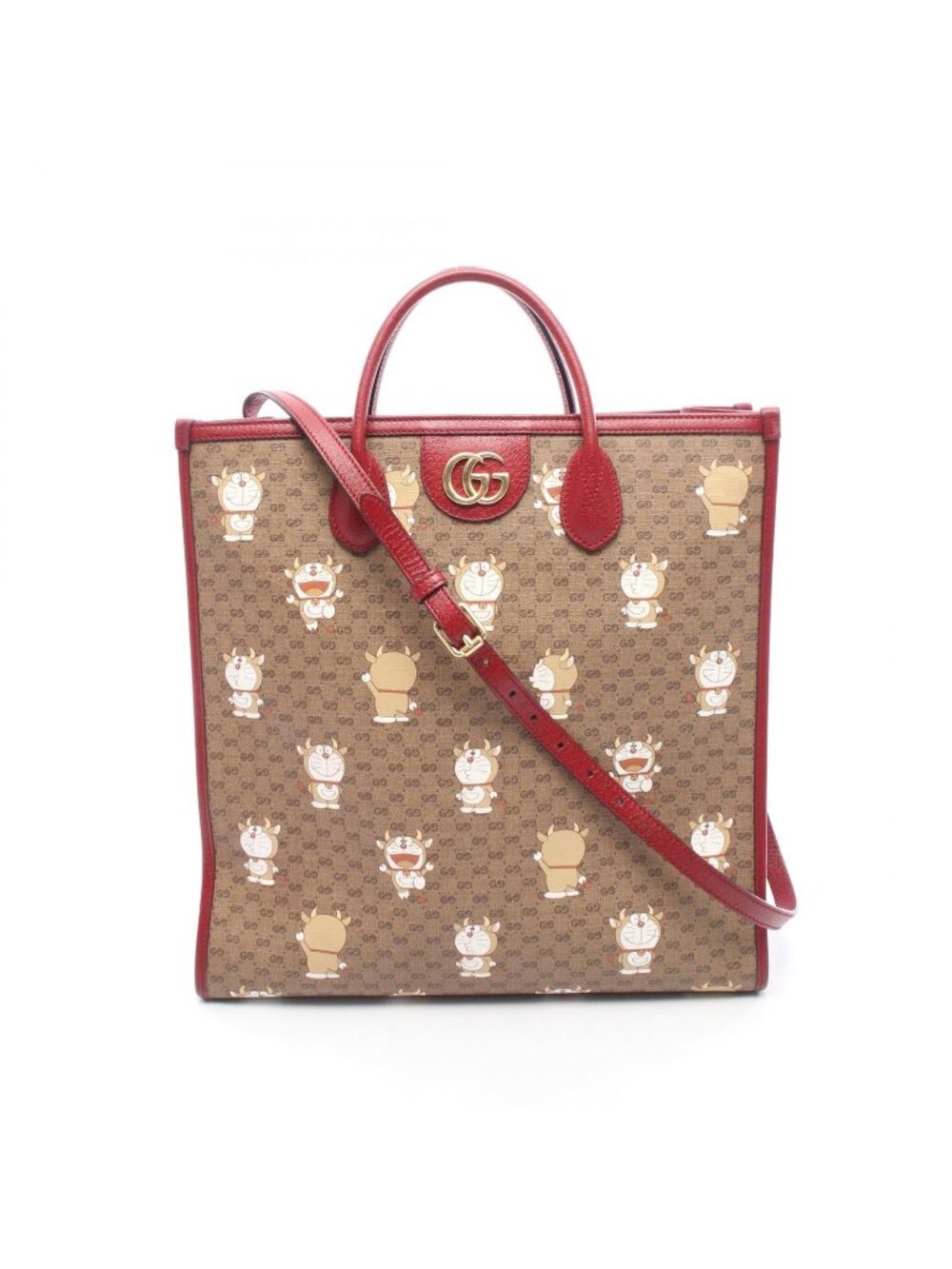 Gucci Tote Bag Doraemon GG Supreme 2-Way Brown Red Multi Leather x Fujiko Pro